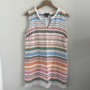 Chelsea & Theodore Cotton Striped Dress Fringe Boho Coastal Medium